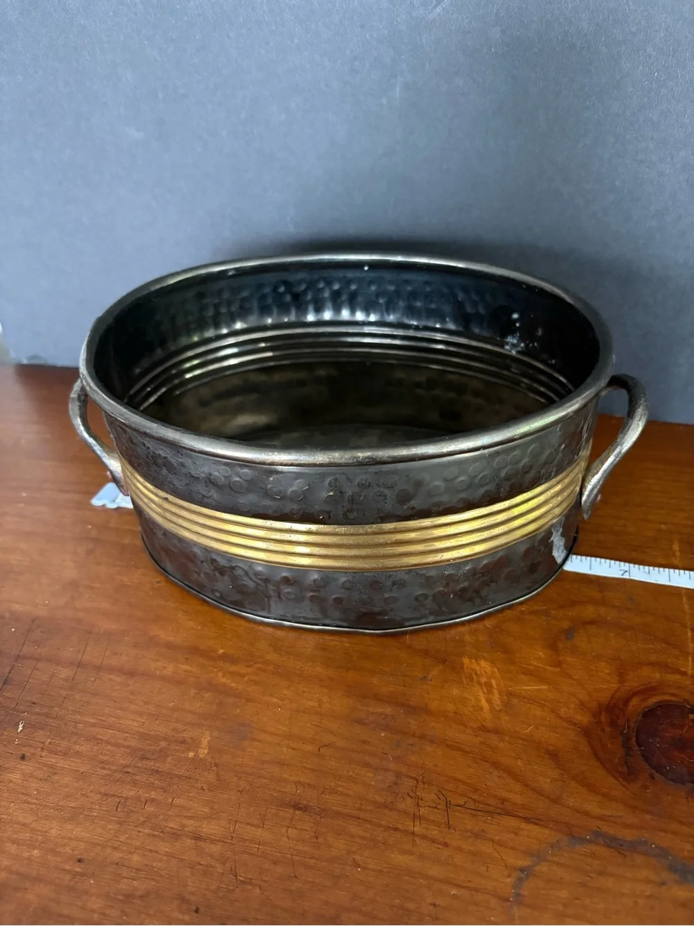 Hammered Oval Solid Brass Metal Planter with Gold Banding- Made in India